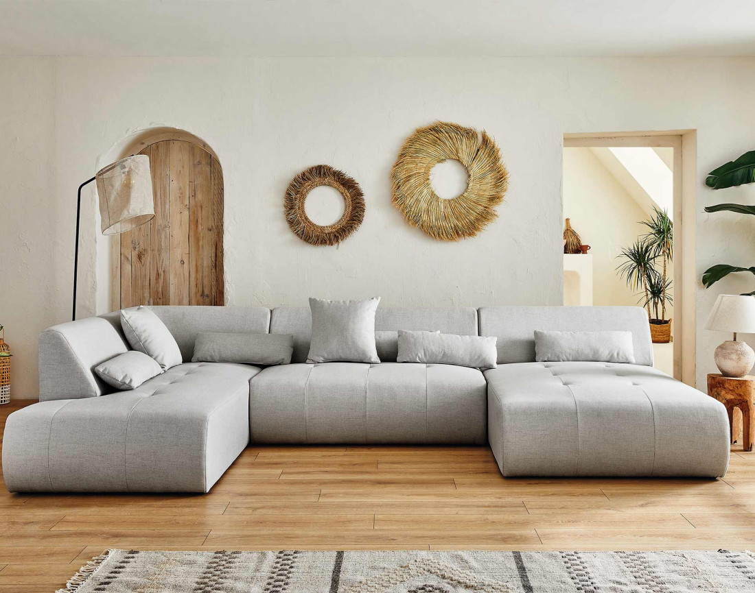 Canapé panoramique d'angle gauche 7 places en tissu Onyx