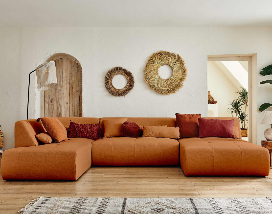 Canapé panoramique d'angle gauche 7 places en tissu Onyx