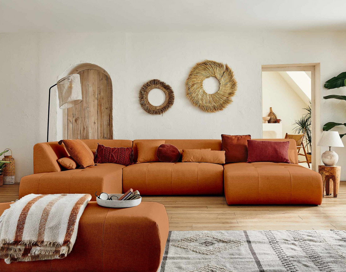 Canapé panoramique d'angle gauche 7 places en tissu Onyx