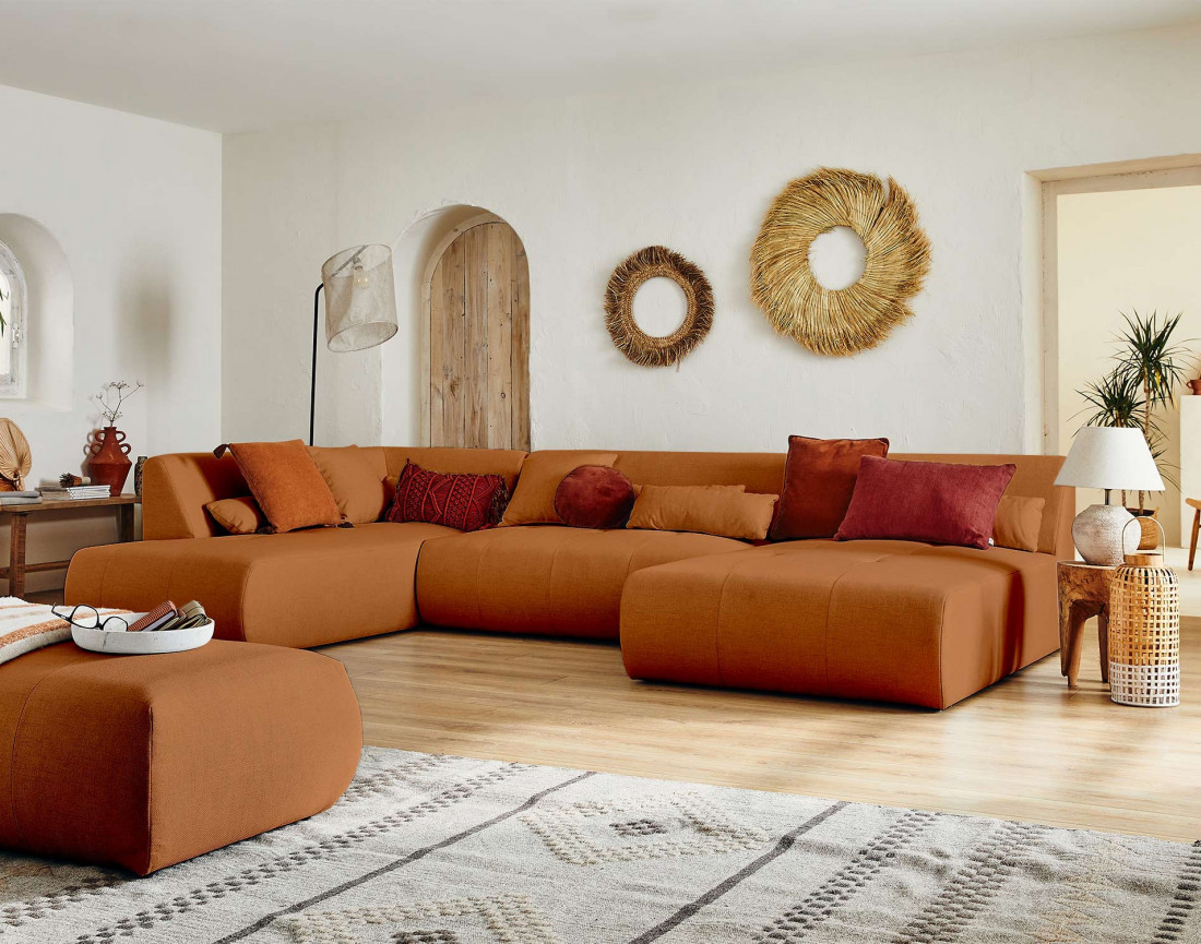 Canapé panoramique d'angle gauche 7 places en tissu Onyx