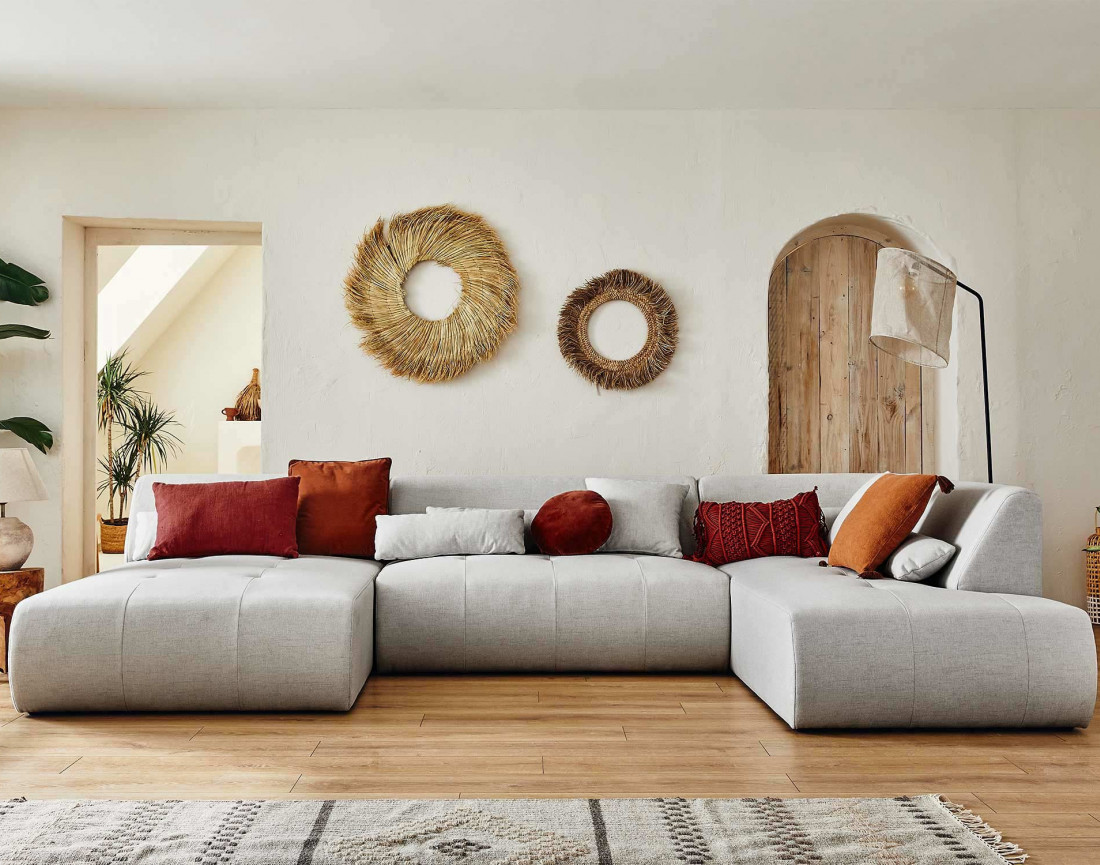 Canapé panoramique d'angle droit 7 places en tissu Onyx