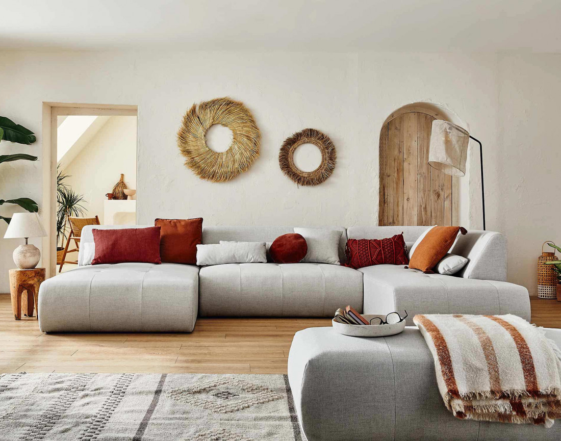 Canapé panoramique d'angle droit 7 places en tissu Onyx