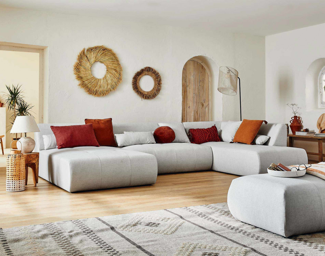 Canapé panoramique d'angle droit 7 places en tissu Onyx