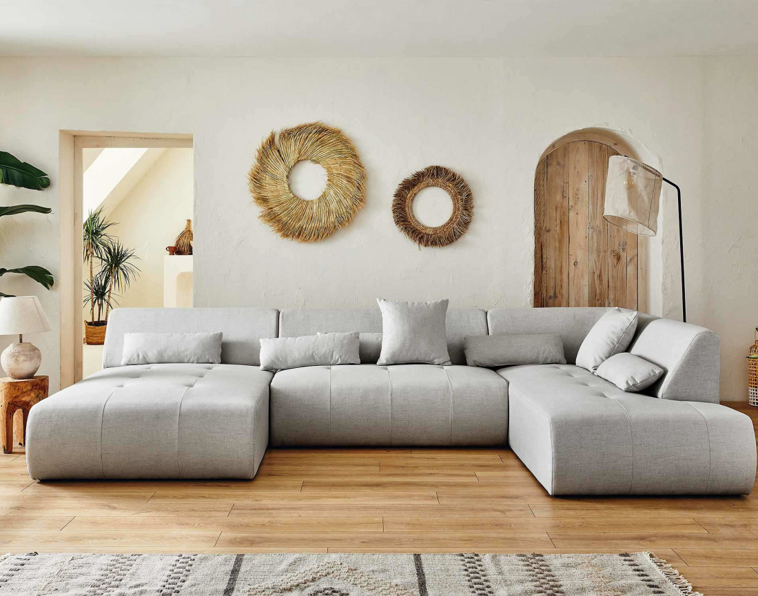 Canapé panoramique d'angle droit 7 places en tissu Onyx