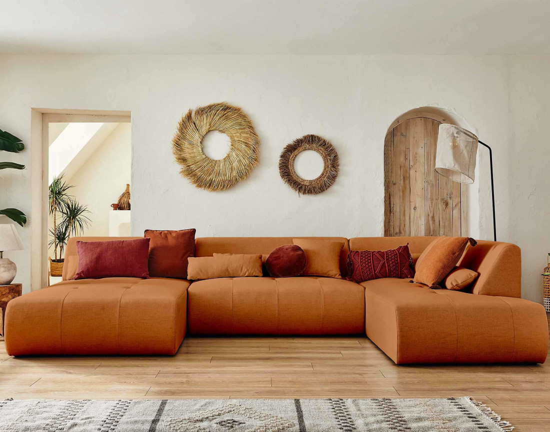 Canapé panoramique d'angle droit 7 places en tissu Onyx