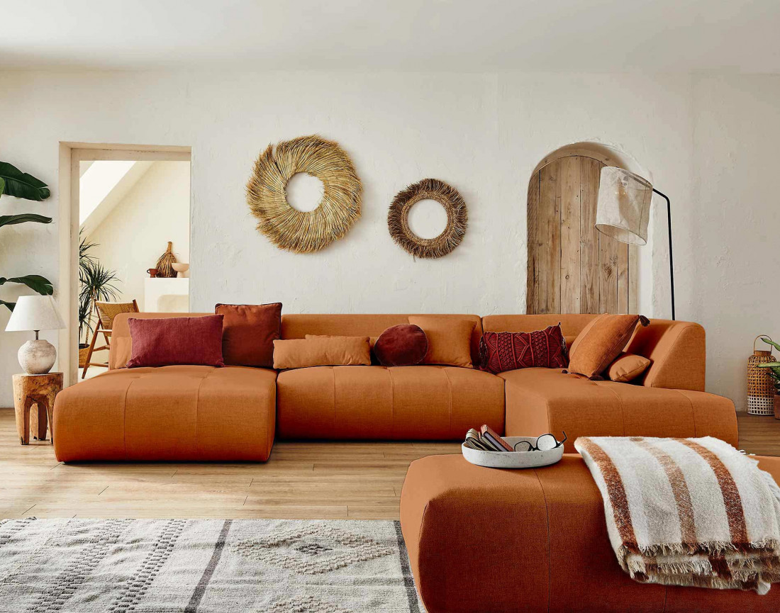 Canapé panoramique d'angle droit 7 places en tissu Onyx