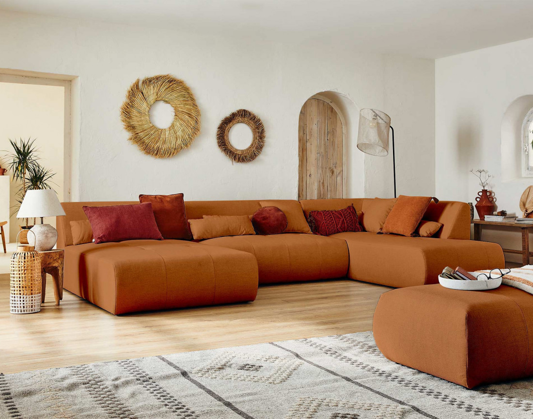 Canapé panoramique d'angle droit 7 places en tissu Onyx