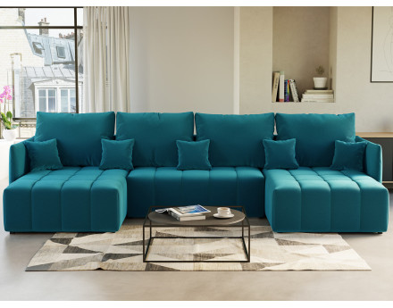 Canapé panoramique en U 7 places convertible avec coffre en velours Petra