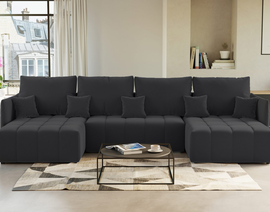 Canapé panoramique en U 7 places convertible avec coffre en velours Petra