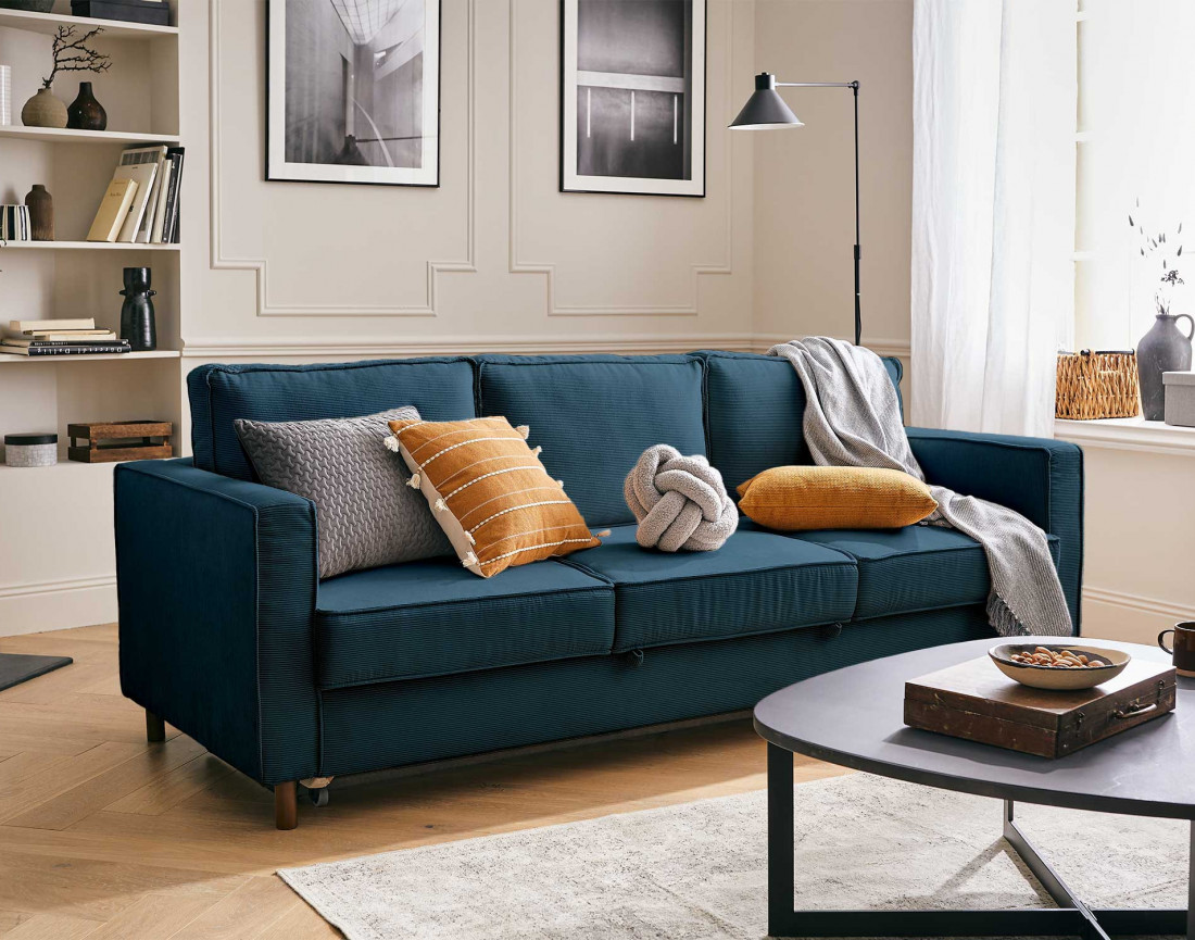 Canapé 3 places convertible en velours côtelé Jake