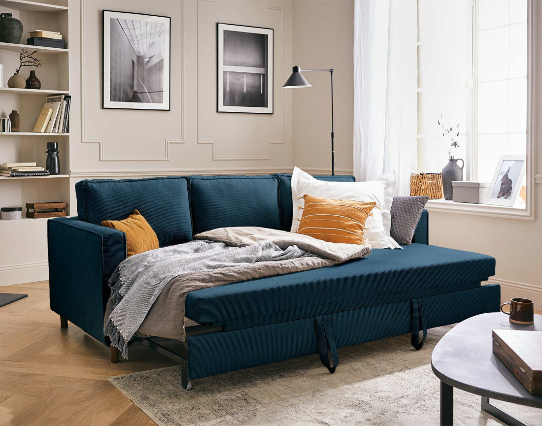 Canapé 3 places convertible en velours côtelé Jake