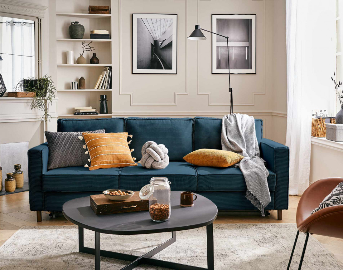 Canapé 3 places convertible en velours côtelé Jake