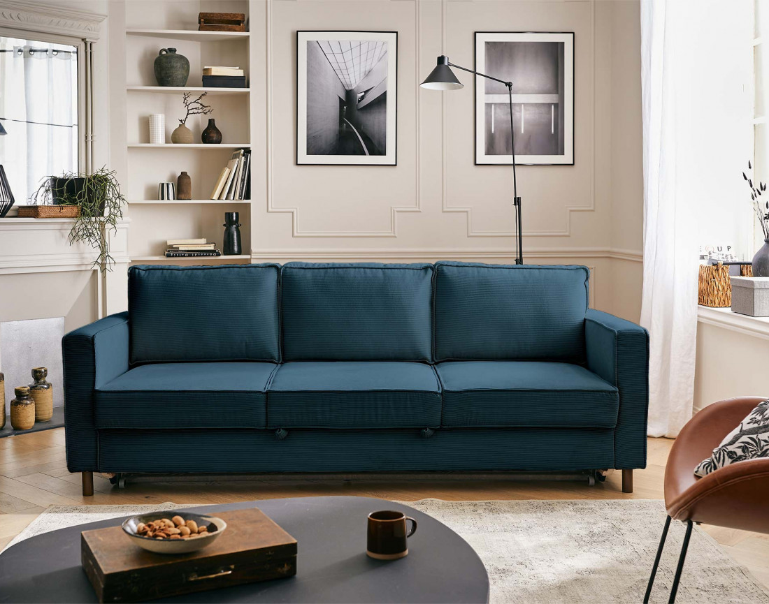 Canapé 3 places convertible en velours côtelé Jake