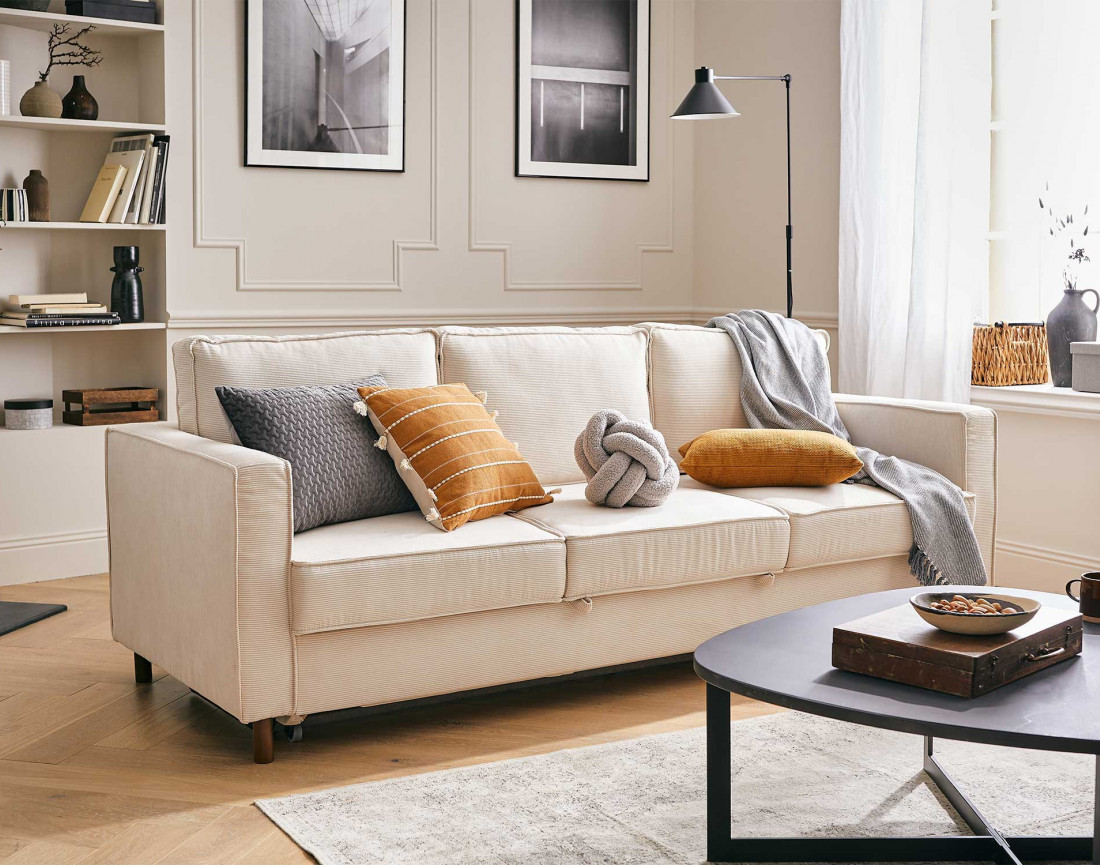 Canapé 3 places convertible en velours côtelé Jake