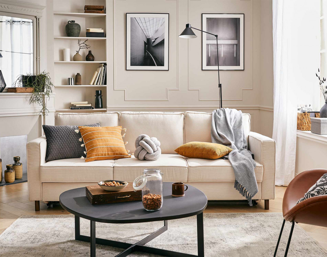 Canapé 3 places convertible en velours côtelé Jake