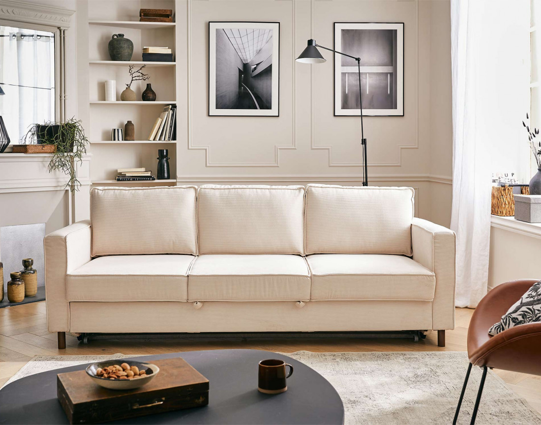 Canapé 3 places convertible en velours côtelé Jake