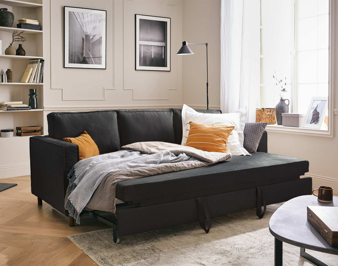 Canapé 3 places convertible en velours côtelé Jake