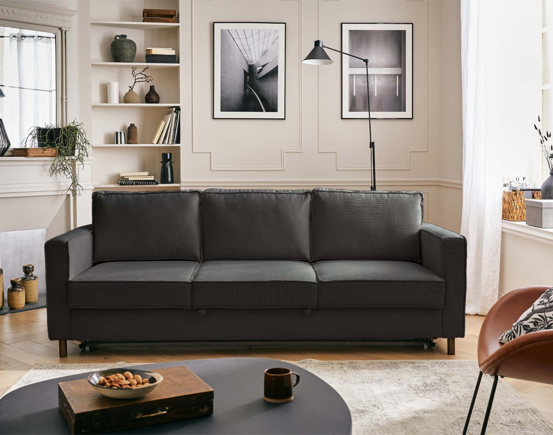 Canapé 3 places convertible en velours côtelé Jake