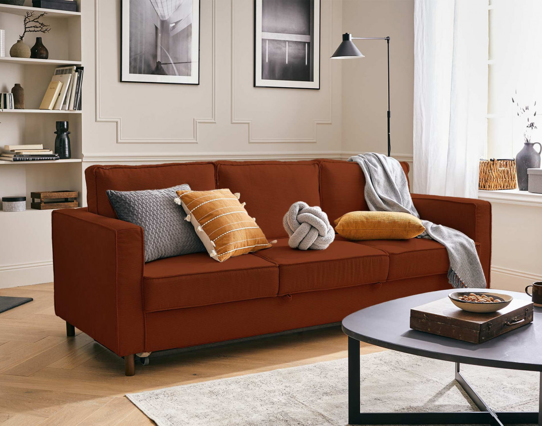 Canapé 3 places convertible en velours côtelé Jake