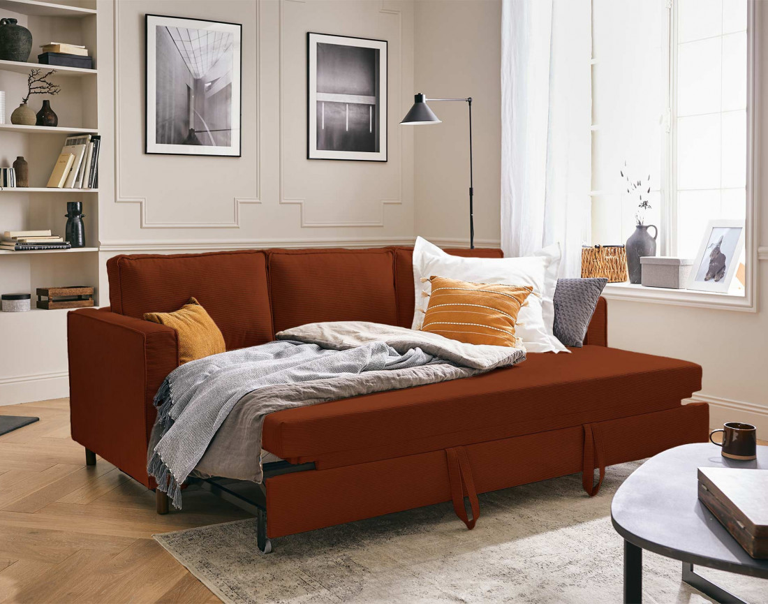 Canapé 3 places convertible en velours côtelé Jake