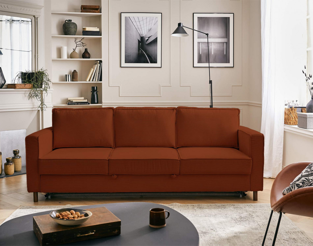 Canapé 3 places convertible en velours côtelé Jake