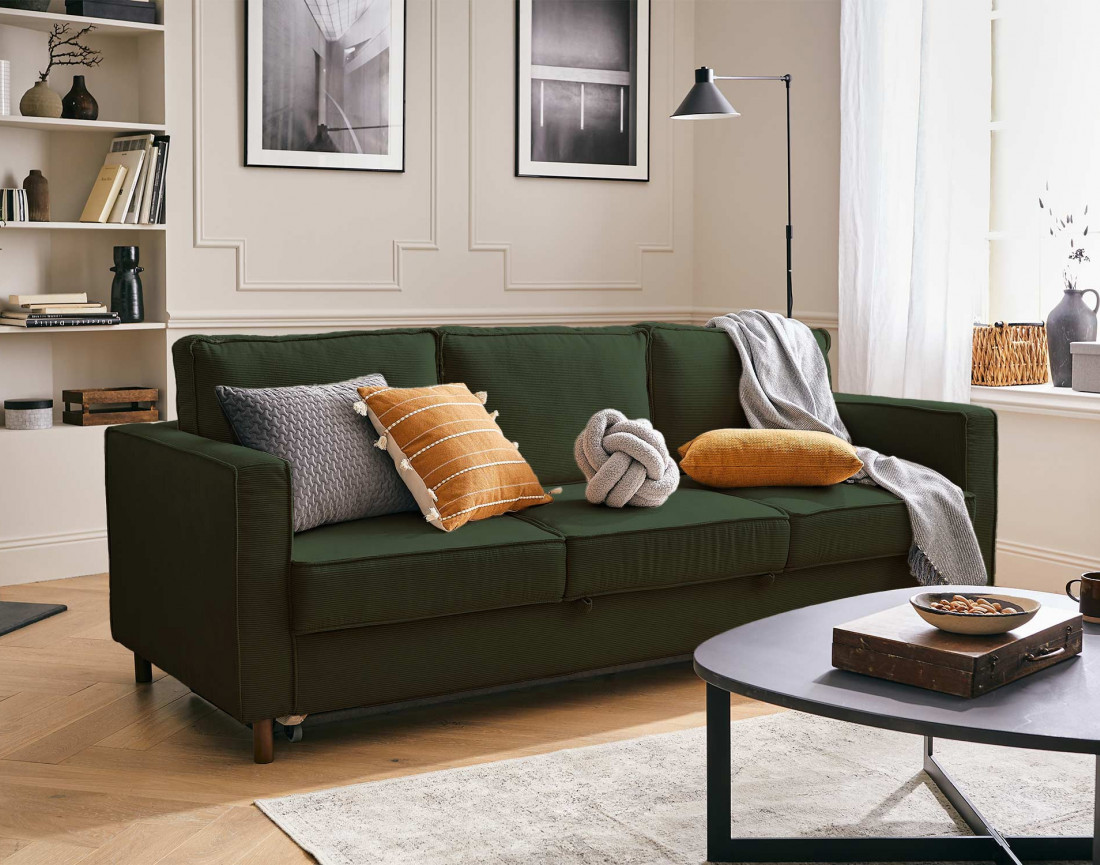 Canapé 3 places convertible en velours côtelé Jake