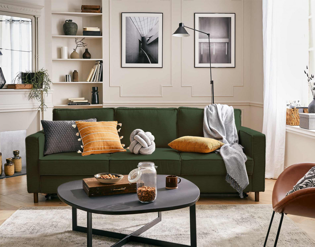 Canapé 3 places convertible en velours côtelé Jake