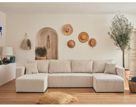 Canapé panoramique en U 7 places convertible avec coffre en velours côtelé Topaze