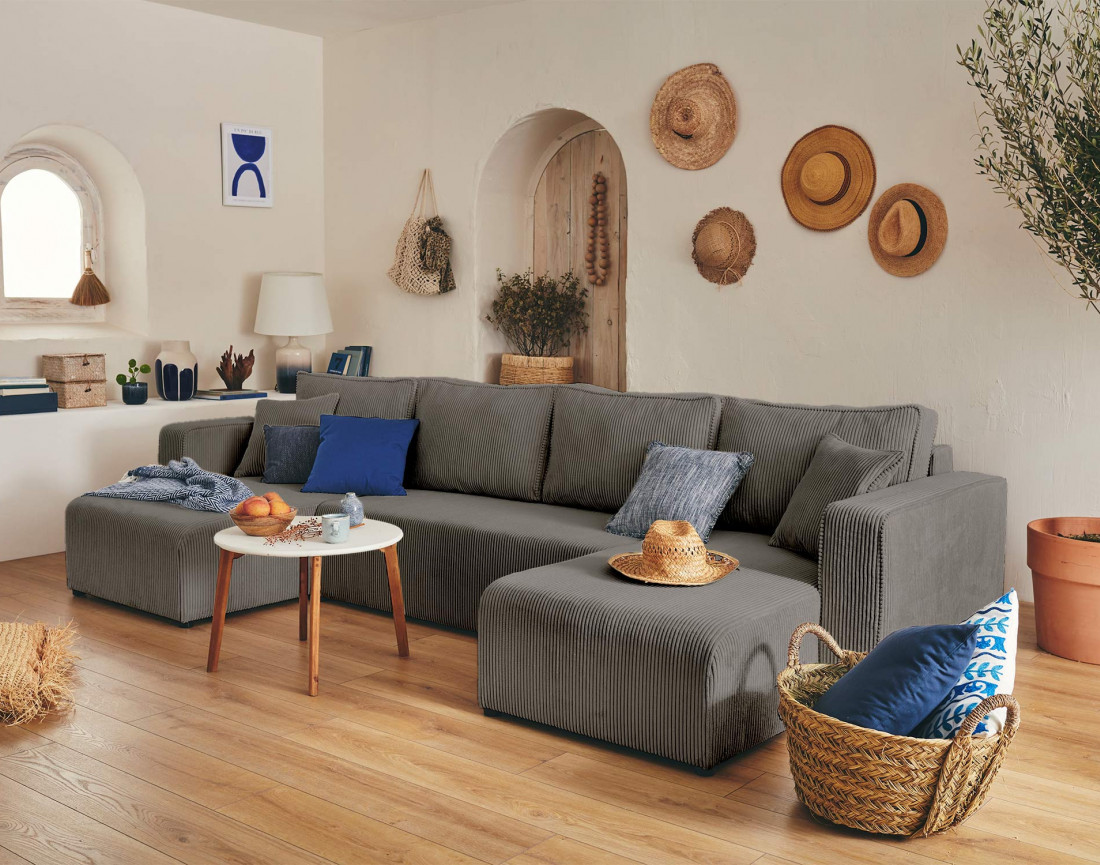 Canapé panoramique en U 7 places convertible avec coffre en velours côtelé Topaze