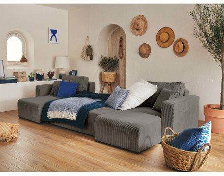 Canapé panoramique en U 7 places convertible avec coffre en velours côtelé Topaze