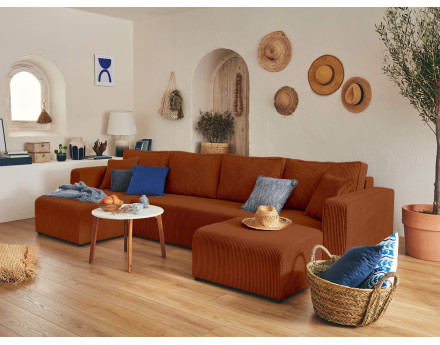 Canapé panoramique en U 7 places convertible avec coffre en velours côtelé Topaze