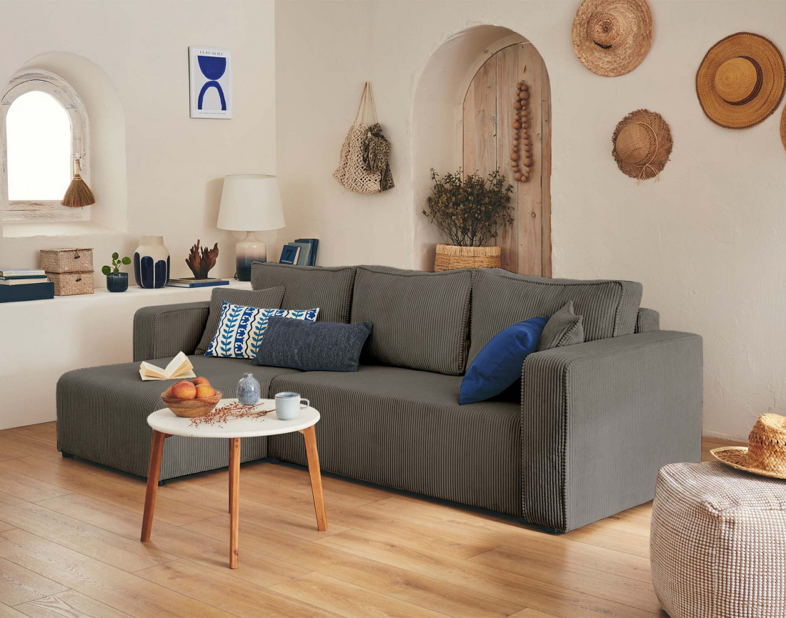 Canapé d'angle réversible 4 places convertible avec coffre en velours côtelé Topaze