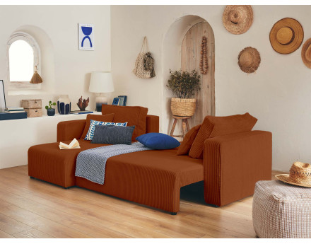 Canapé d'angle réversible 4 places convertible avec coffre en velours côtelé Topaze