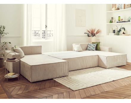 Dellia - canapé panoramique en U 7 places convertible avec coffre en velours côtelé - style contemporain