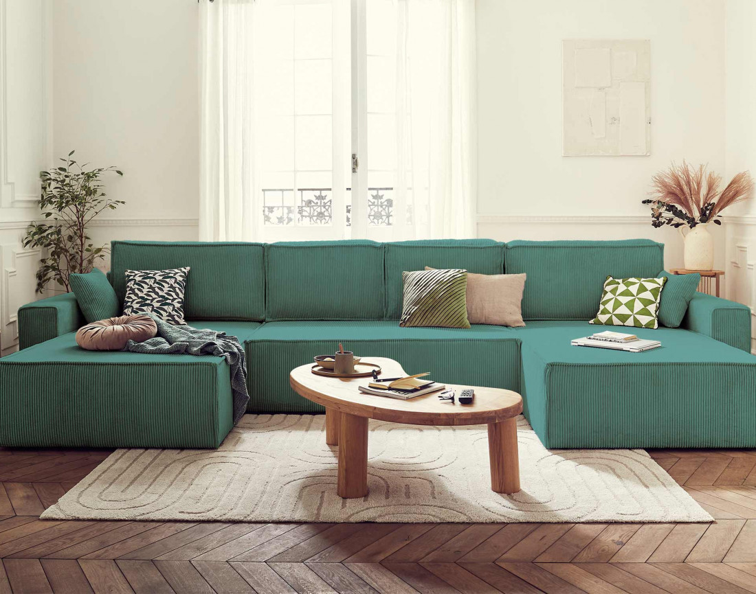 Dellia - canapé panoramique en U 7 places convertible avec coffre en velours côtelé - style contemporain