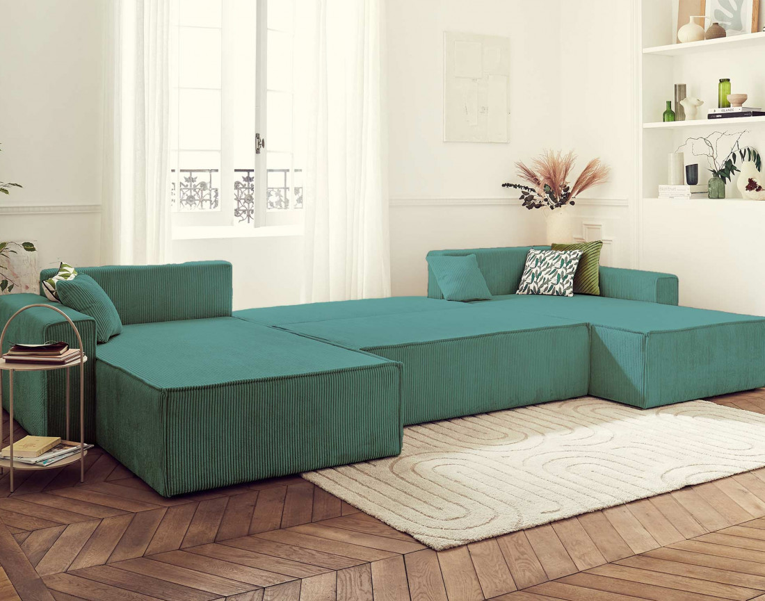 Dellia - canapé panoramique en U 7 places convertible avec coffre en velours côtelé - style contemporain