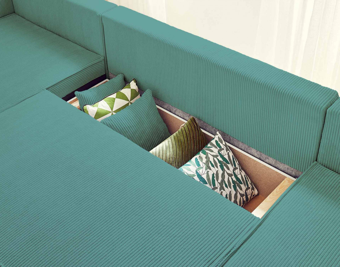 Dellia - canapé panoramique en U 7 places convertible avec coffre en velours côtelé - style contemporain