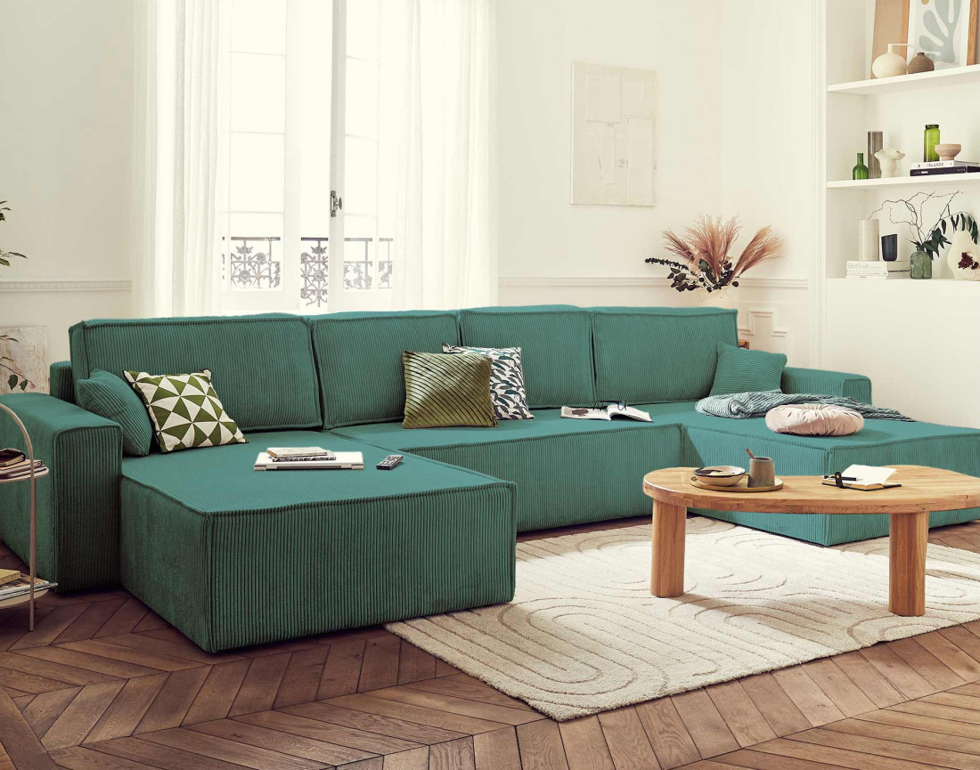 Dellia - canapé panoramique en U 7 places convertible avec coffre en velours côtelé - style contemporain