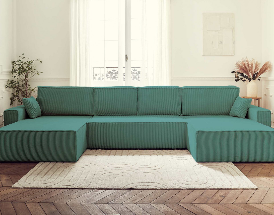 Dellia - canapé panoramique en U 7 places convertible avec coffre en velours côtelé - style contemporain