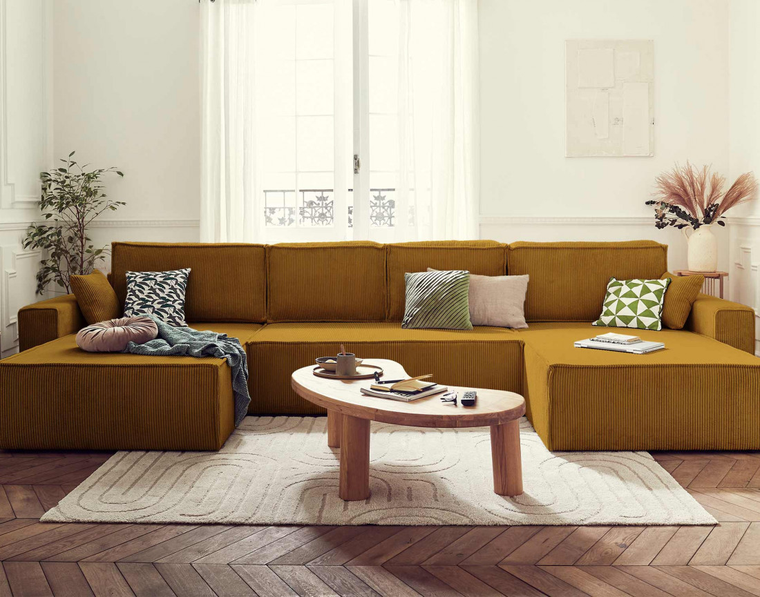 Dellia - canapé panoramique en U 7 places convertible avec coffre en velours côtelé - style contemporain