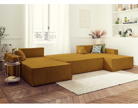 Dellia - canapé panoramique en U 7 places convertible avec coffre en velours côtelé - style contemporain