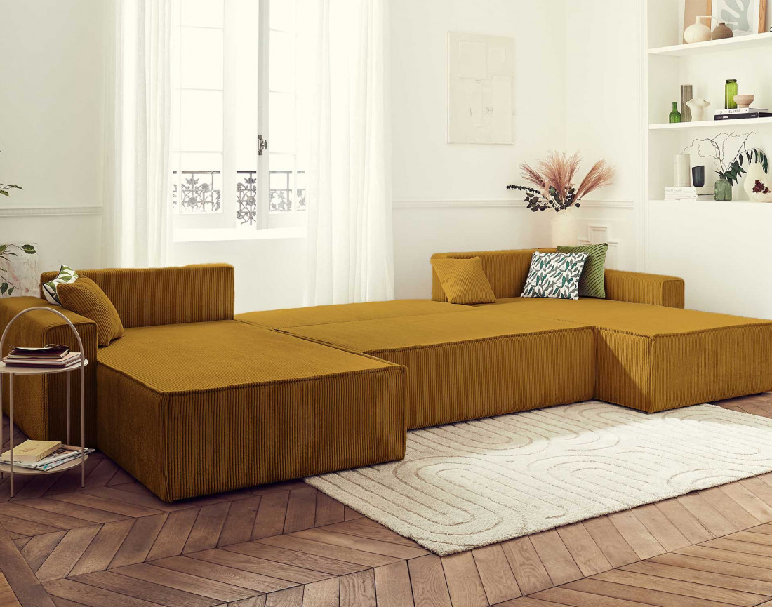 Dellia - canapé panoramique en U 7 places convertible avec coffre en velours côtelé - style contemporain