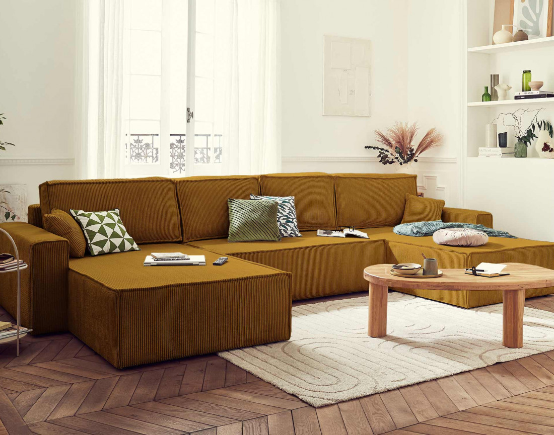 Dellia - canapé panoramique en U 7 places convertible avec coffre en velours côtelé - style contemporain