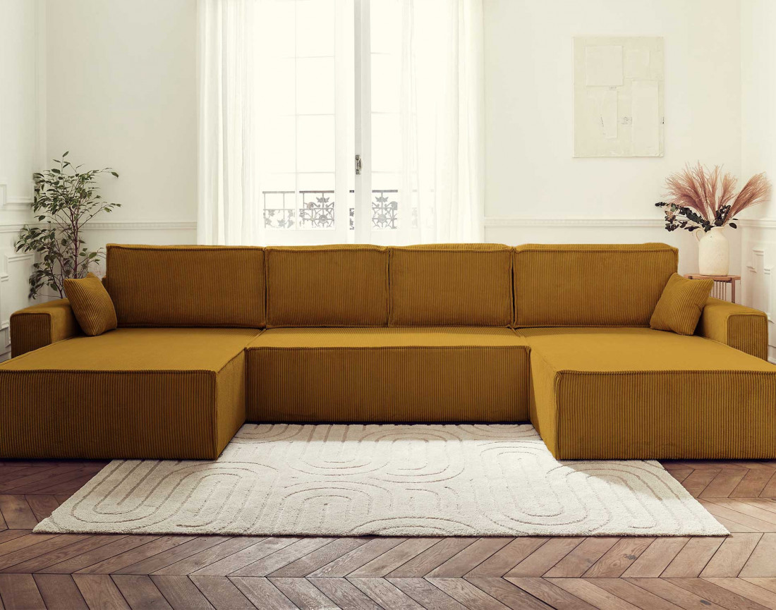 Dellia - canapé panoramique en U 7 places convertible avec coffre en velours côtelé - style contemporain