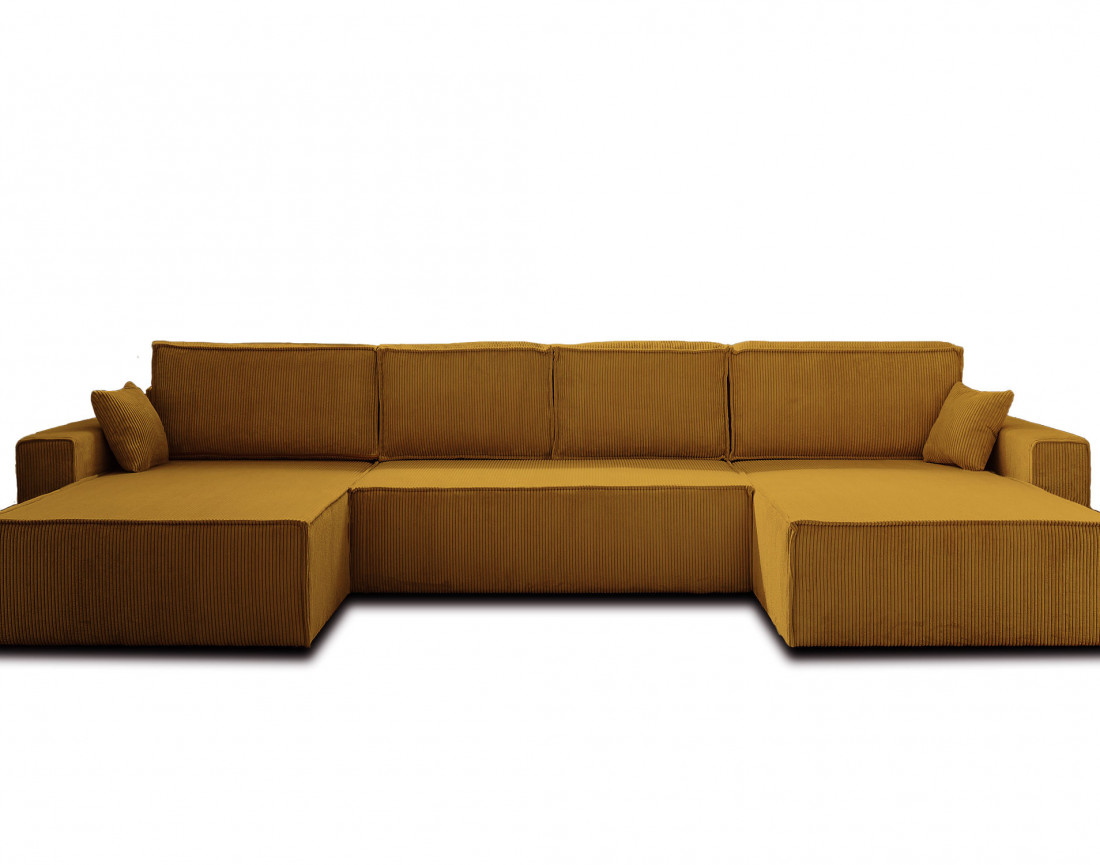 Dellia - canapé panoramique en U 7 places convertible avec coffre en velours côtelé - style contemporain