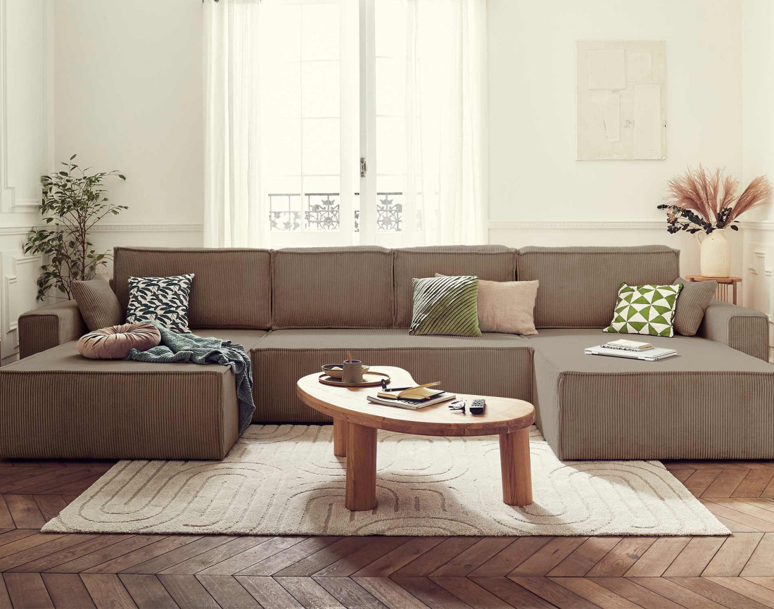 Dellia - canapé panoramique en U 7 places convertible avec coffre en velours côtelé - style contemporain