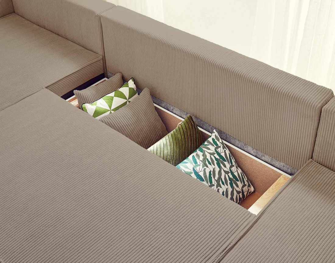 Dellia - canapé panoramique en U 7 places convertible avec coffre en velours côtelé - style contemporain