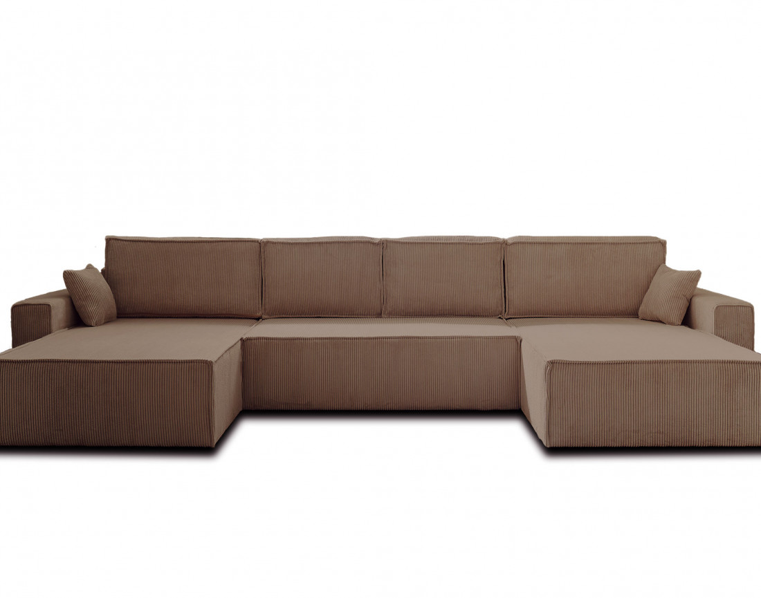 Dellia - canapé panoramique en U 7 places convertible avec coffre en velours côtelé - style contemporain