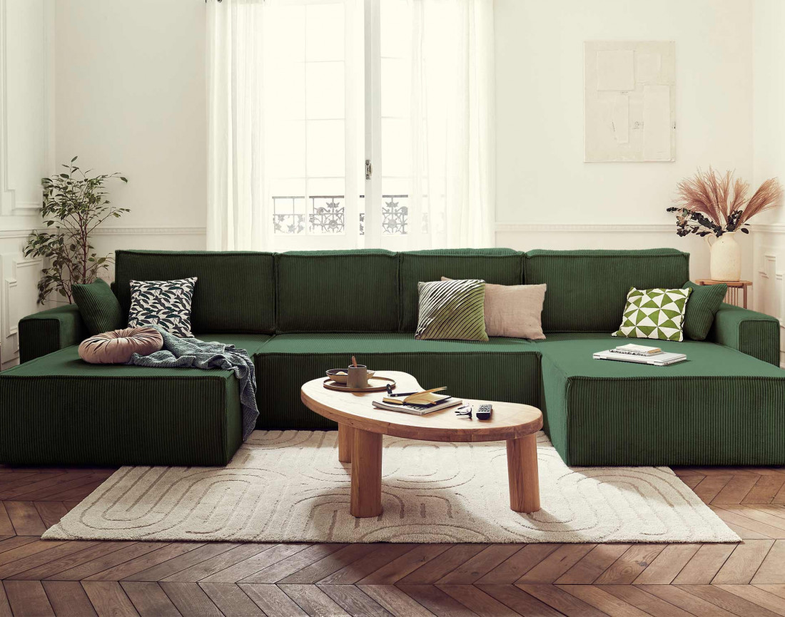 Dellia - canapé panoramique en U 7 places convertible avec coffre en velours côtelé - style contemporain