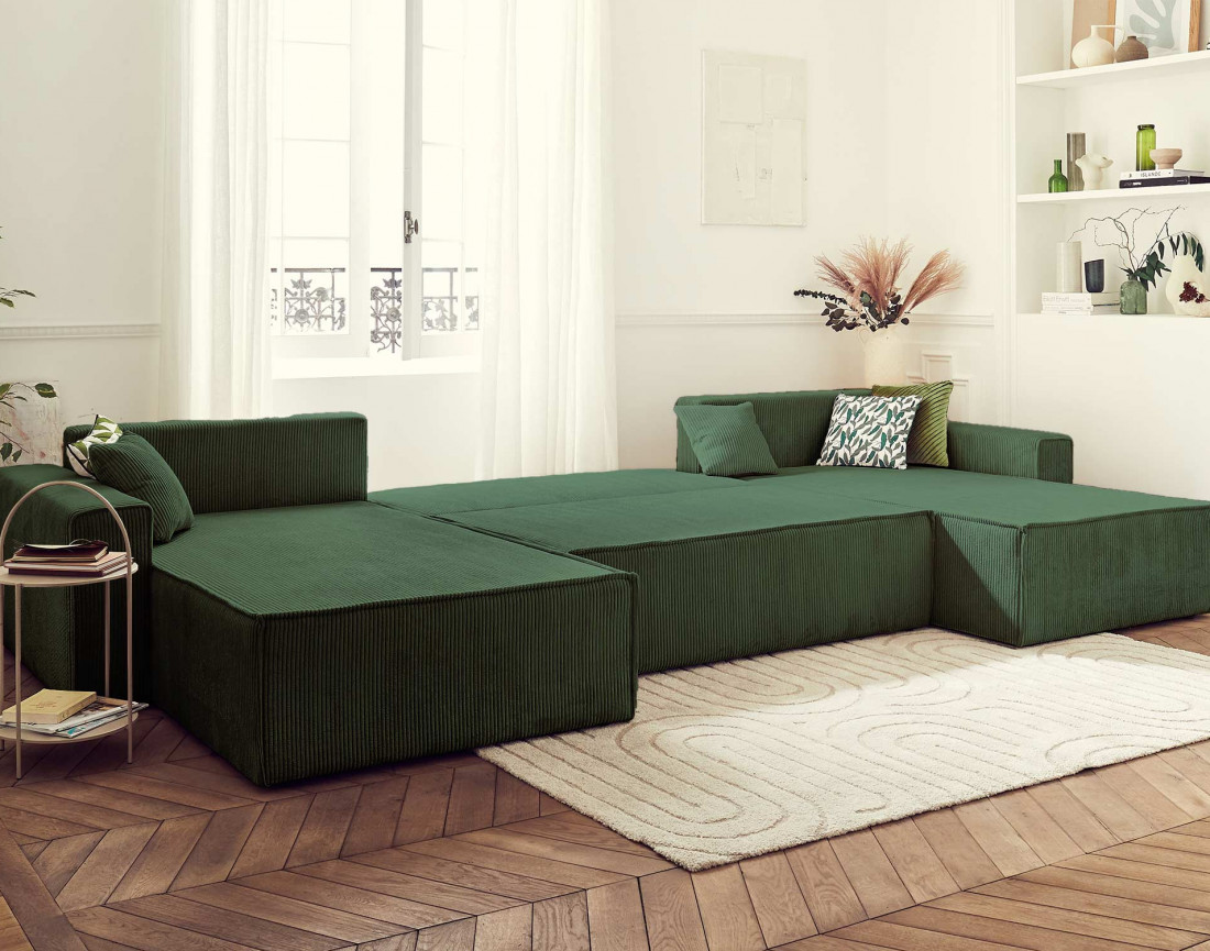 Dellia - canapé panoramique en U 7 places convertible avec coffre en velours côtelé - style contemporain